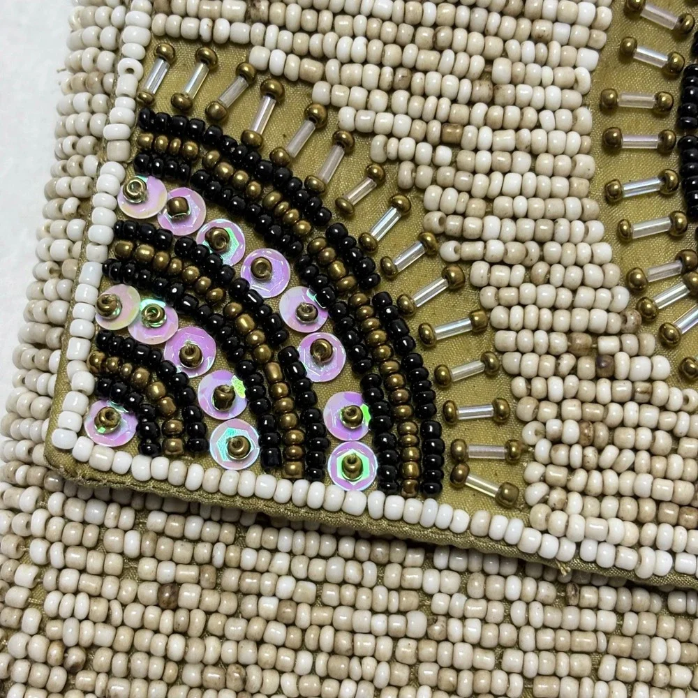 Little‎ Joe Woman Gail Elliott Beaded Wristlet Clutch Cream Gold Art Deco Boho